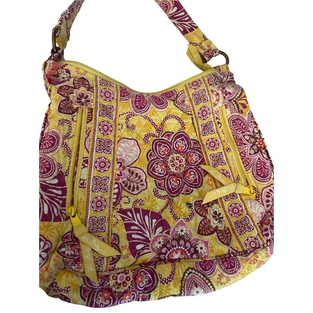 Vera Bradley Boho Quilted Floral On the Go Hobo Bag Women Medium Yellow Pink
